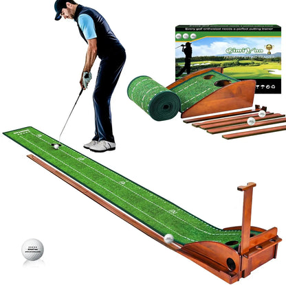 Premium Wooden Golf Putting Practice Mat with Automatic Ball Return