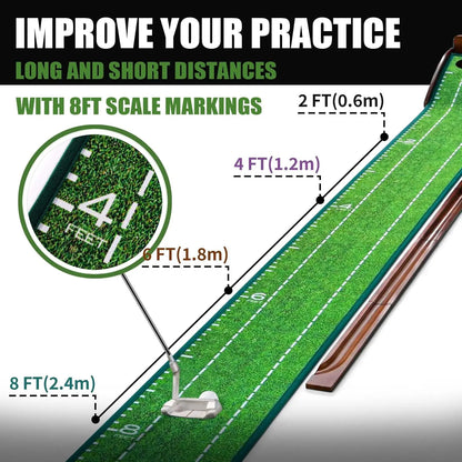 Premium Wooden Golf Putting Practice Mat with Automatic Ball Return