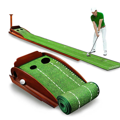 Premium Wooden Golf Putting Practice Mat with Automatic Ball Return