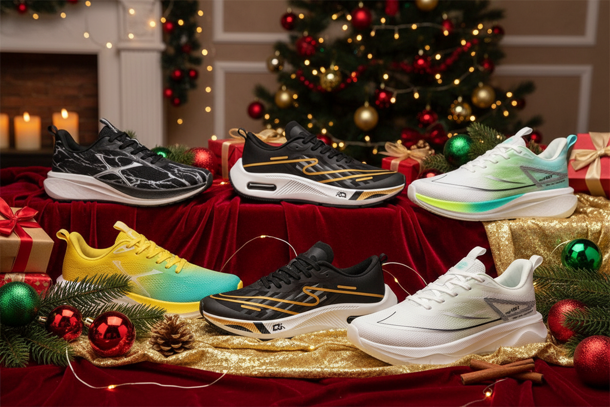 Christmas banner featuring actual orthopedic sneaker product images with festive decorations