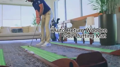 Premium Wooden Golf Putting Practice Mat with Automatic Ball Return